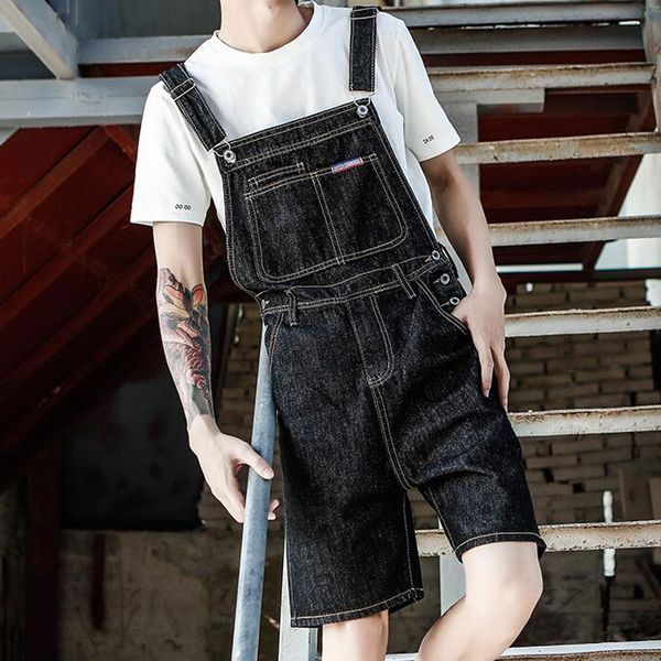 

2020 new retro denim overalls male straight loose overalls men's black denim shorts high waist shorts, Blue
