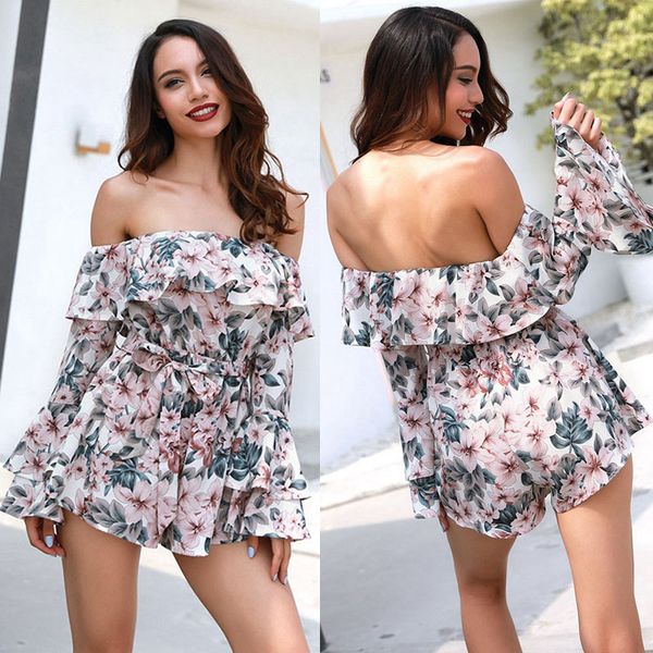 

women's jumpsuits & rompers europe and america horizontal neck floral print long sleeve bell of belt onesies streetwear, Black;white