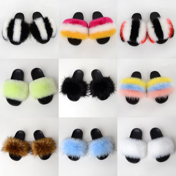 

rass ple 2020 real fox fur slippers slides shoes furry fuffly slipper flip flops sandals sliders drag sandal summer shoes women us4-11#894, Black