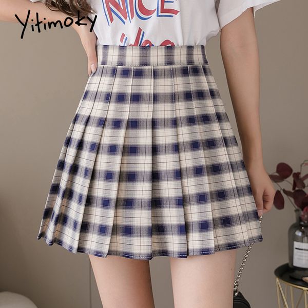 

skirts yitimoky plaid womens 2021 fashion above knee high waist skirt with shorts lined checkerboard plus size pleated, Black