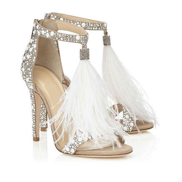 

new fashion feather wedding shoes 4 inch high heel crystals rhinestone bridal shoes with zipper party sandals shoes for women size1167313, Black