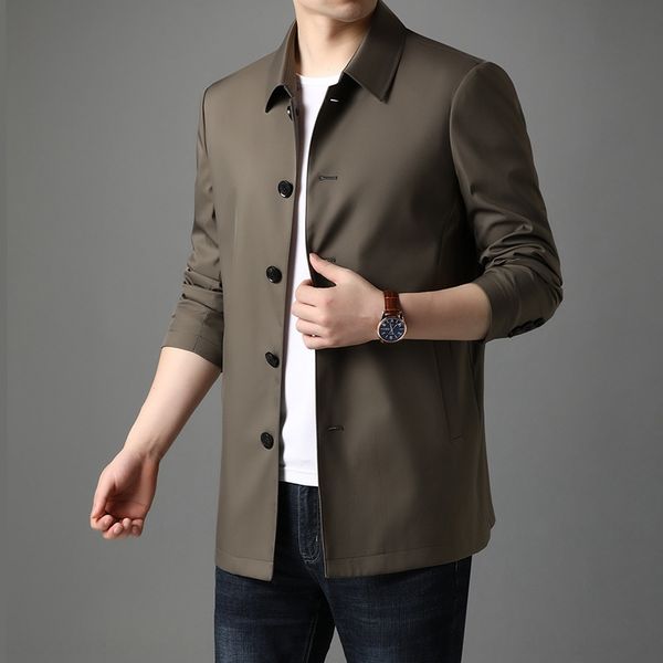

middle-aged windbreaker jacket men's windbreaker single-breasted autumn new business leisure mid-length coat loose thin dad jacket, Tan;black
