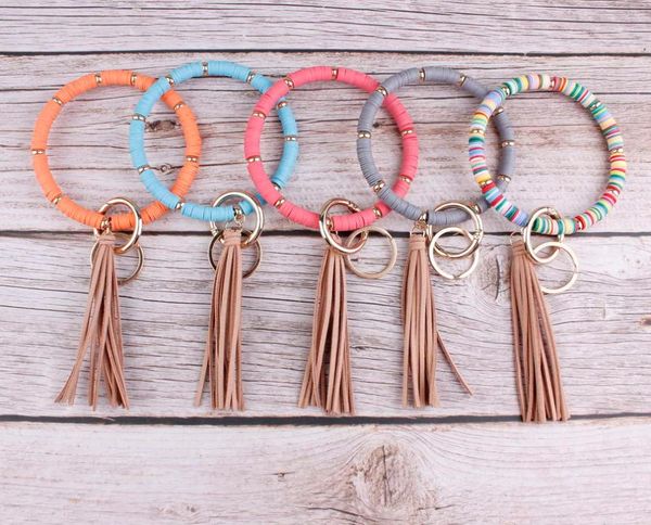 

zwpon beach style mixcolor soft ceramic bracelet colorful stack polymer clay beads bracelet brown lether tassel, Black