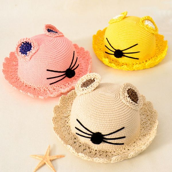 

baby children sun cat ears hand-woven soft straw straw hat baby breathable hat, Blue;gray