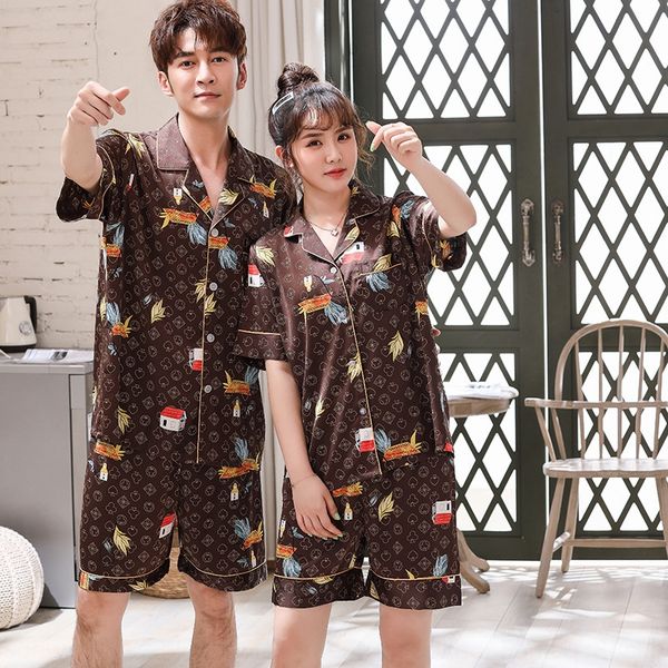 

lo2na ice silk women's short-sleeved thin satin silk suit pajamas pajamas korean style large size internet celebrity same style couple, Black;brown