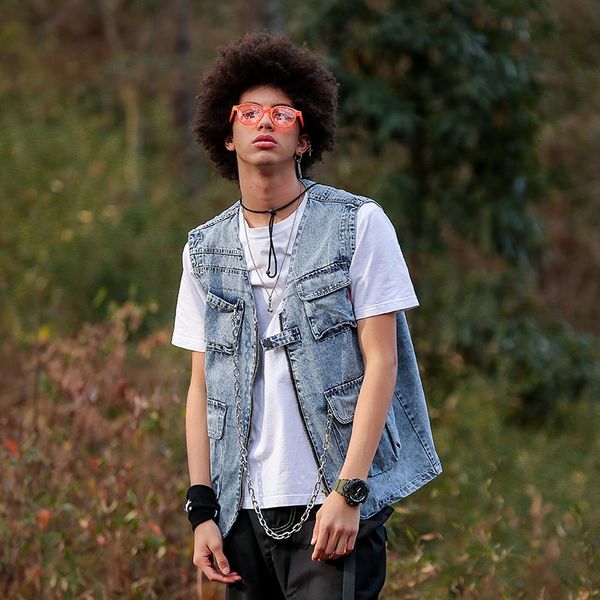 

nan xia vest qiao zhuang 2020 spring men's casual new national tide multi-pocket washed denim vest men, Black;white