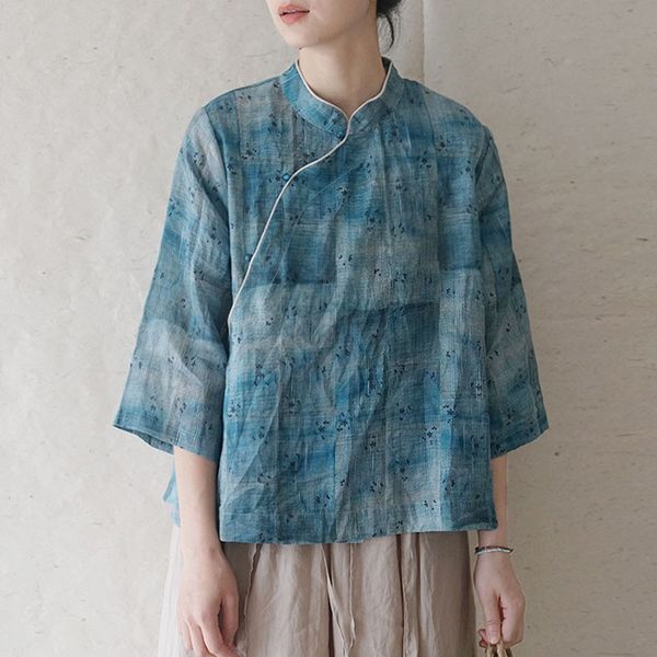 

johnature loose retro print stand button three quarter sleeve all-match shirts 2020 summer new simple comfortable women, White