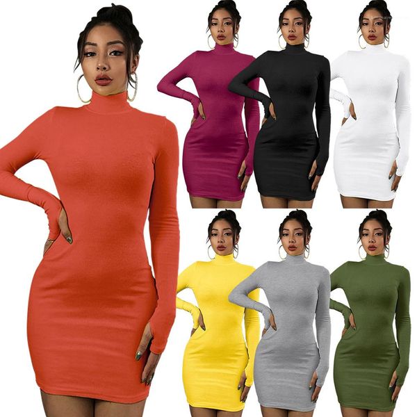 

long sleeve solid color bottoming casual dresses famale clothes turtle neck slim dress for women, Black;gray