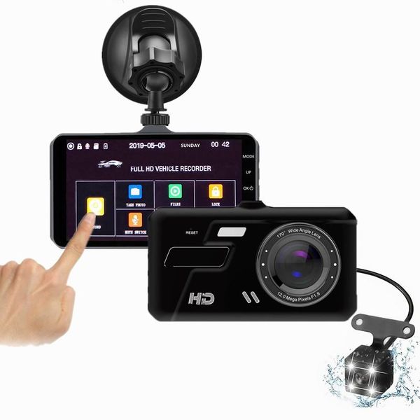 

4-дюймовый сенсорный экран автомобиля dvr камера с двумя объективами hd 1080p тире cam с g-датчик 170 градусов широкоугольный ночного видени