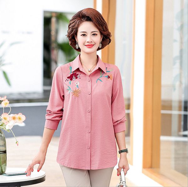 

long sleeve blouse women embroidery shirt spring fall 2020 new casual plus size middle aged mother stripe, White