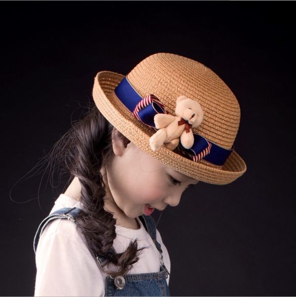 

6209 korean style bear children's -6209 korean style bear children's straw hat straw hat, Blue;gray
