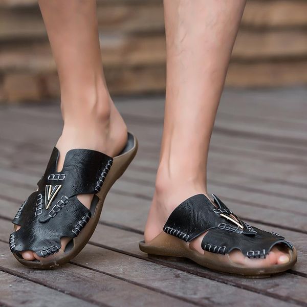 

summer closed-toe leather slippers men cool jelly shoes genuine leather cowhide men shoes beach black brown slippers