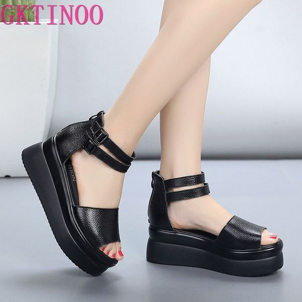 

gktinoo 2020 new women sandals genuine leather summer shoes rome platform thick bottomed breathable comfortable women sandals, Black
