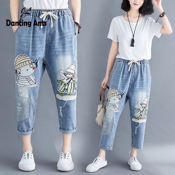 

2020 plus size jeans women cartoon pants loose trousers ripped female boyfriend jeans mujer hole woman pant, Blue