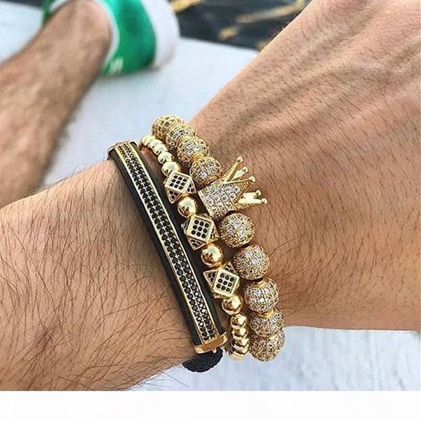 

s 3pcs set hip hop gold crown bracelets 8mm cubic micro pave cz ball charm braided braiding man luxury jewelry pulseira bileklik c19021, Black