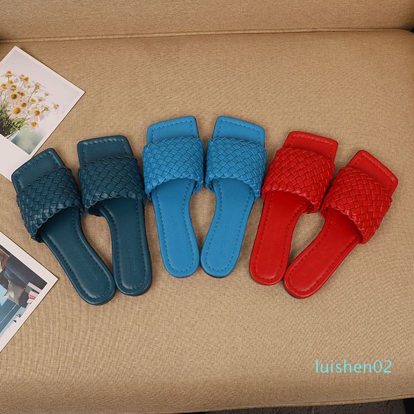 

квадратный носок оплетка кожа летом тапочки ins fashioni плоский каблук пляжные туфли женские платья мулы l02, Black