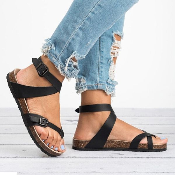 

women's sandals shoes 2019 summer toe thick flat solid pu casual girl beach female flops ladies footwear women black brown 35-43 cs01