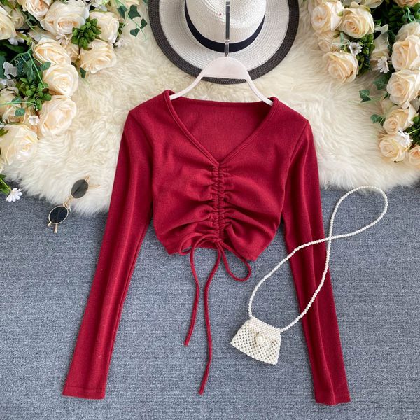 

new fashion autumn womens knitted sweater long sleeve short crop v neck slim casual knitting, White;black