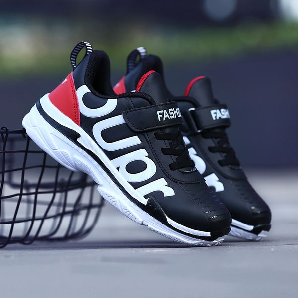 

men's and autumn children's 2020 new leather waterproof running shoes solid soft bottom anti-skid children's shoes, Black