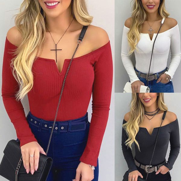 

2020 off shoulder solid skinny long sleeve women t shirts autumn slash neck pullovers streetwear t-shirts slim ladies