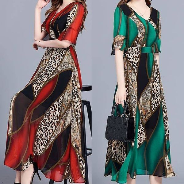 

vintage leopard print patchwork boho dress plus size summer casual loose beach dress modis v-neck formal dress women elegant #b, Black;gray