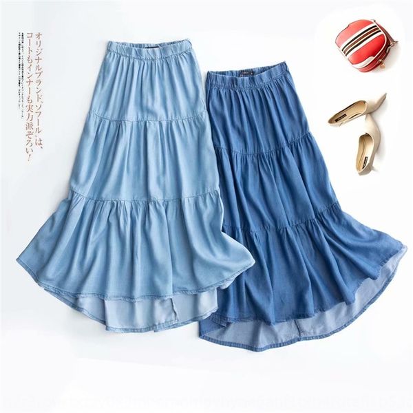 

pleated 2020 aline denim skirtnew skirt women's mid-length skirt elastic high waist tencel denim versatile aline, Black