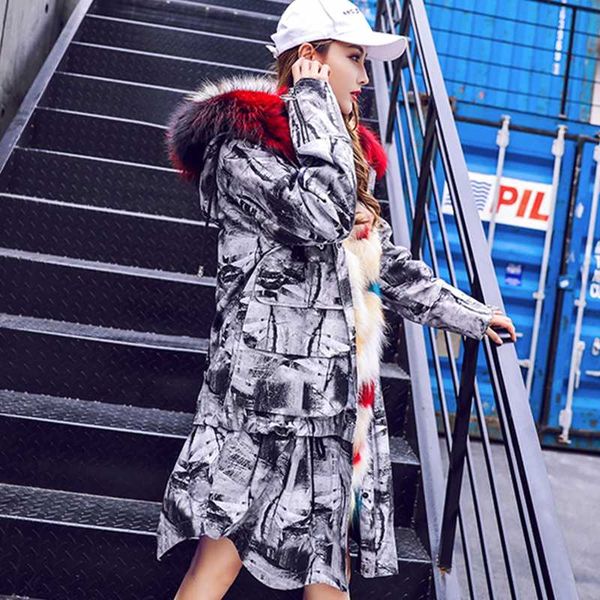 

women new fashion winter thicken warm hidden discount female pockets hooded raccoon dog fur faux fur coat cy676, Black