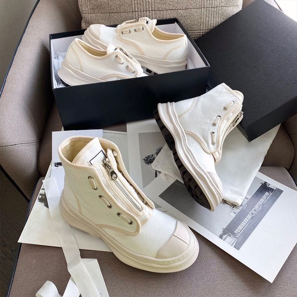 

designer womens canvas shoes luxury white beige splicing zipper round head casual shoes with box size 35-40, Black