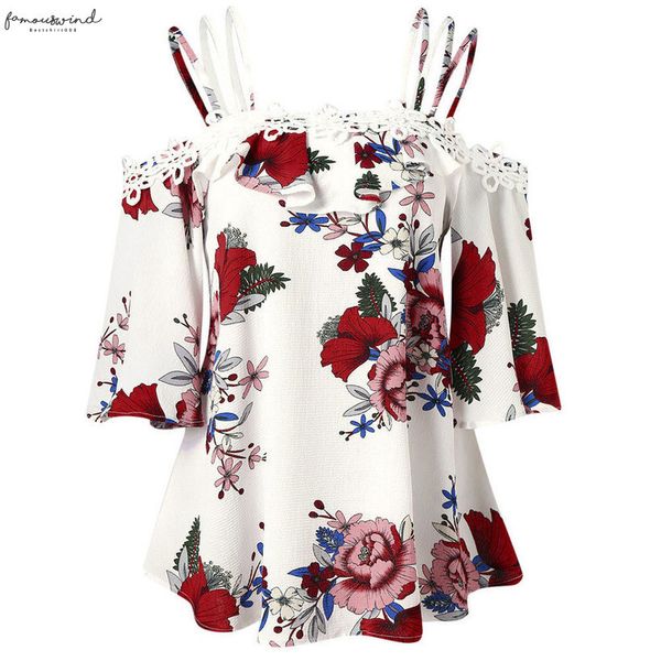 

plus size 5xl womens and blouses 2020 floral print cold shoulder lace shirts tunic ladies womens clothing, White