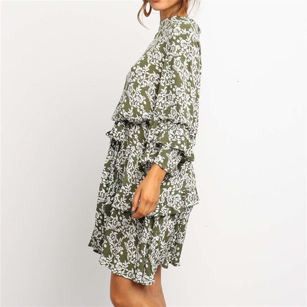 

womens armygreen floral casual dresses print dress autumn 3 4 ruffles boho beach chiffon mini dresses stand collar sashes casual dress, Black;gray