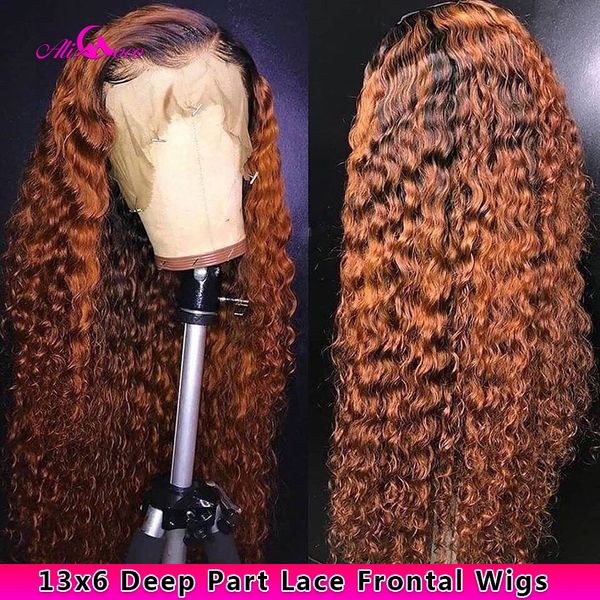 

ali coco 13x6 deep wave human hair lace front wigs 1b/350 /orange ginger ombre color brazilian remy deep wave wigs pre plucked, Black