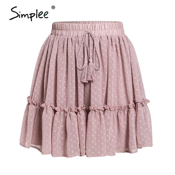 

simplee casual polka dot mini women skirt high waist a line korean tassel pink summer skirt ruffle beach female skirts 2019 cx200708, Black