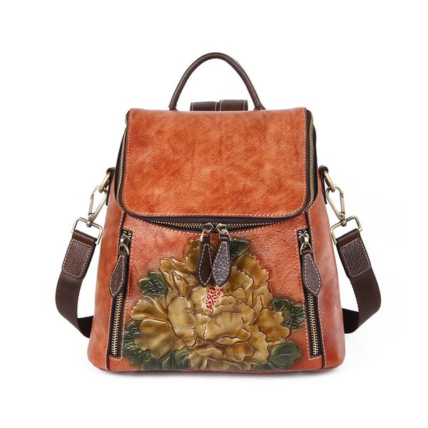 

aber retro genuine leather floral women backpack 2020 new large capacity cowhide travel backpack