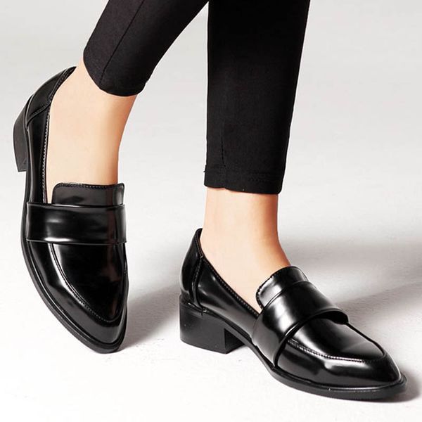 

2020 british small leather shoes woman espadrilles large size 42 loafers woman flats slip on pointed toe oxfords women footwear, Black