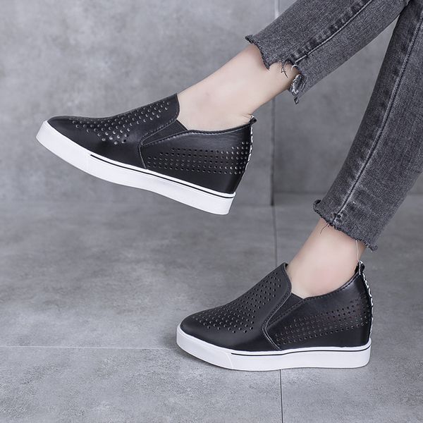 

plus size women loafers increasing slip on shoes hollow out loafer platform shoes woman cut-outs white black sneaker 7956n