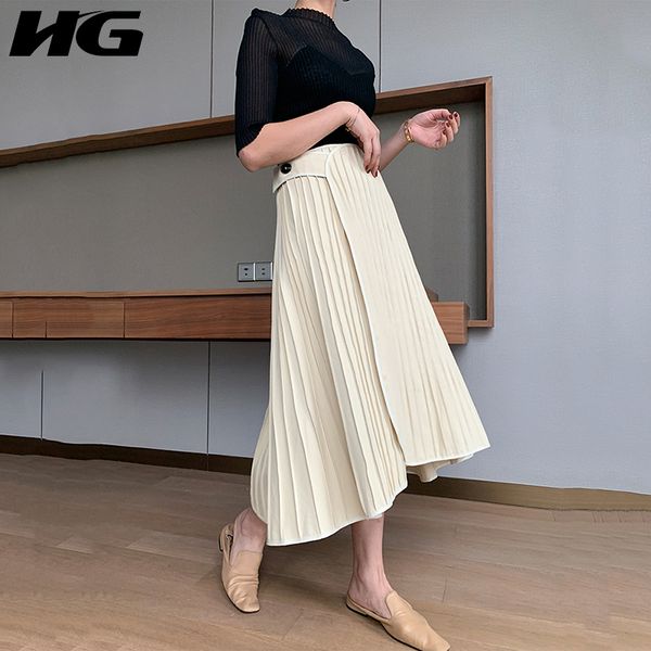 

hg beige pleated skirt women loose fashion all match korean style 2020 new summer slim casual button skirt goddess fan zp2089, Black