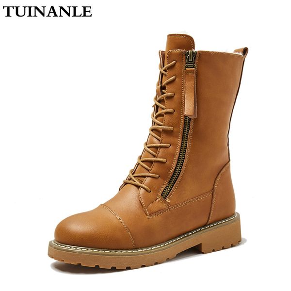 

tuinanle women boots mid-calf soft leather botas mujer quality rubber winter shoes woman warm snow boots botas mujer invierno, Black