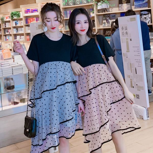 

maternity clothes 2020 summer joint mock two-piece dress irregular polka dot maternity dress, White