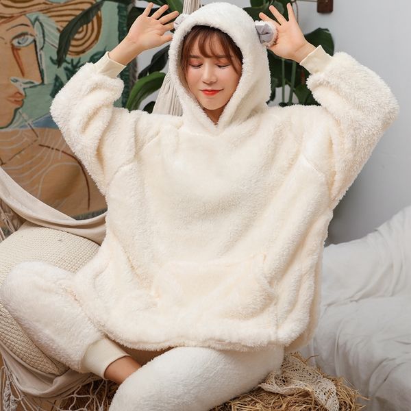 

pajamas women's winter flannel hooded casual suit cute home clothes bat shirt bat shirt plush thickened velvet loose home clothes, Blue;red