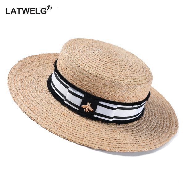 Мода Bee Summer Sun Hat для женщин Природного плетеного крючка соломенной шляпы с лентой Flat Panama Hat Summer Travel Beach Шляпа Y200716