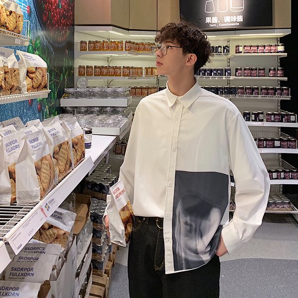 

men's casual shirts spring shirt men fashion printed dress man streetwear loose trend wild long-sleeved male clothes, White;black