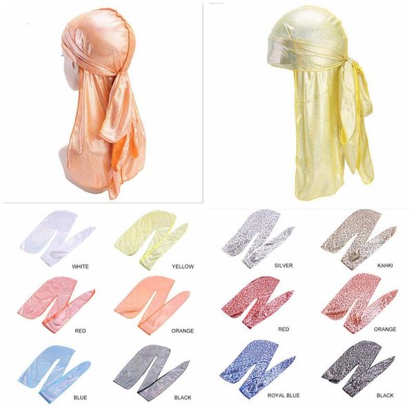 Unisex Long Silk Durag Bandana Turban Hat Nuevo diseño de leopardo Pelucas Doo Durag Biker Hair Headwrap Cap Pirate Cap 360 Waves para hombres y mujeres