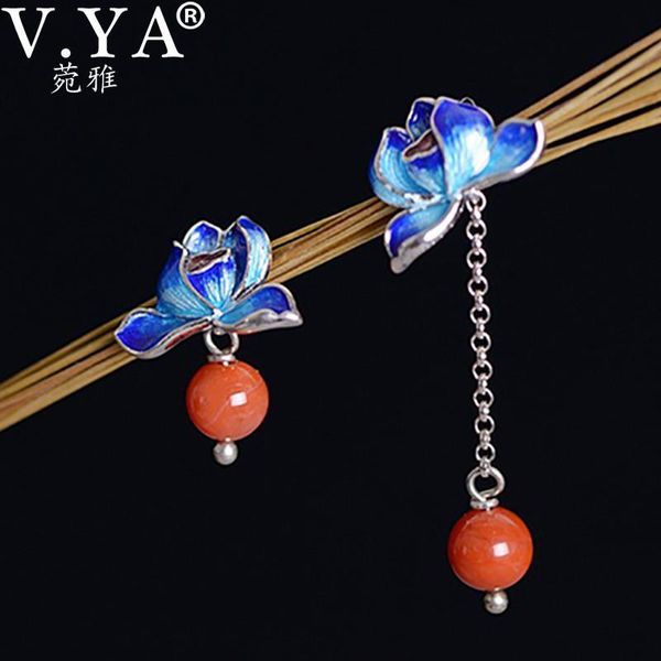 

v.ya ethnic enamel lotus drop earrings handmade vintage jewelry asymmetry natural stone dangle earrings for women, Silver