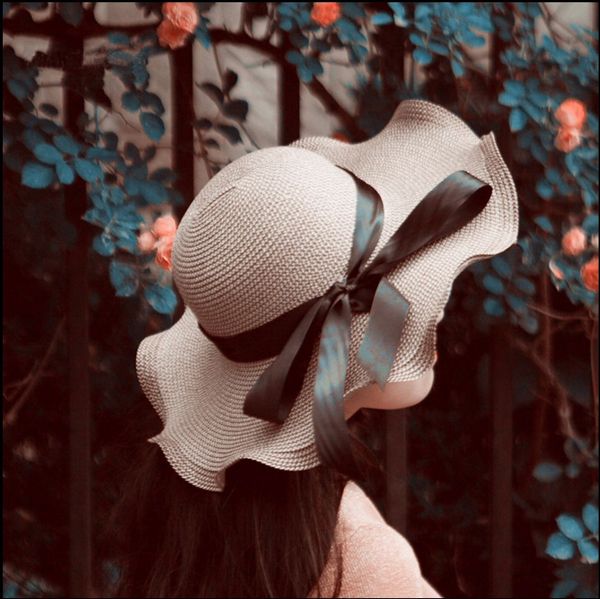 

korean new bow straw wavy sun straw sun edge beach hat women's sunshade hat seaside holiday, Blue;gray
