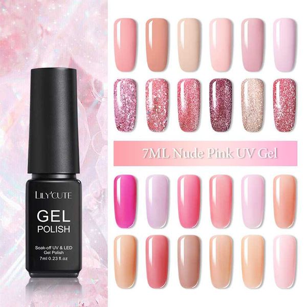

lilycute 7ml jelly pink uv gel nail polish rose gold new nude giltter semi-transparent soak off gel nail varnish art design, Red;pink