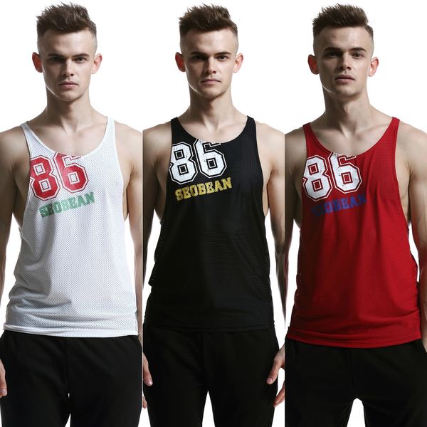 

men' sports casual mesh breathable printed men' vest seobean sibin hurdle vest, White;black