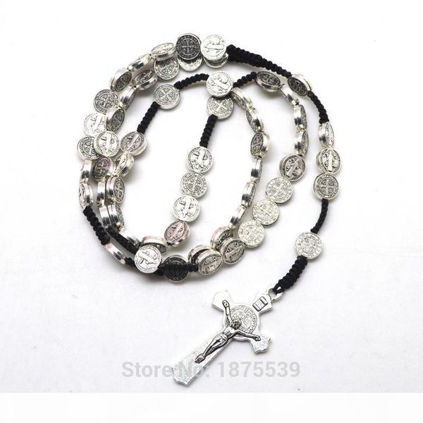 

fashion st benedict rosary necklace black rope alloy beads woven rosaries, Silver