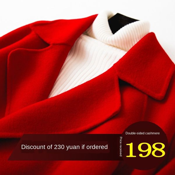 

high-end handmade double-sided cashmere women's mid-length 2020 hepburn style red wedding en coat wool wool coat, Black