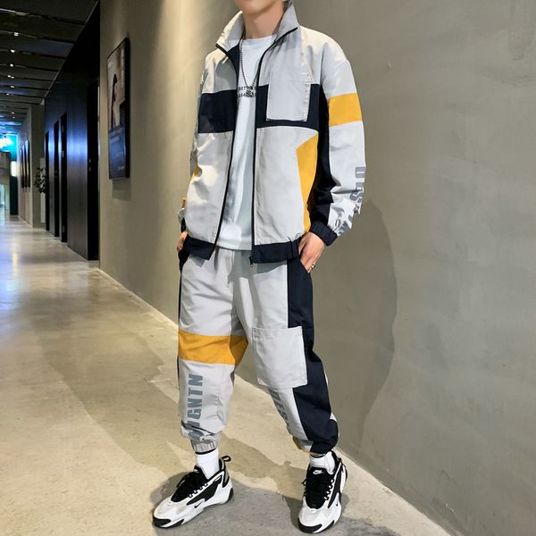 

men's sports suits loose printing casual jacket+sports pants 2pcs autumn suit zipper black fashion jogging track suit 5xl, Gray