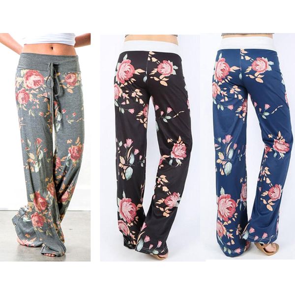 

новые casual дам floral yoga palazzo брюки женская лето wide leg брюки plus size 3 цвета, Black;white